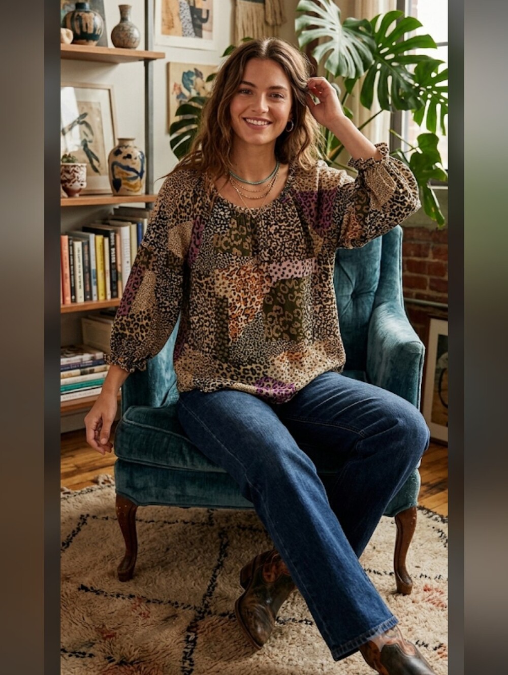 NWT est. 1946 Peasant Top Blouse Smocked Shoulder Patchwork Look Boho L Boho